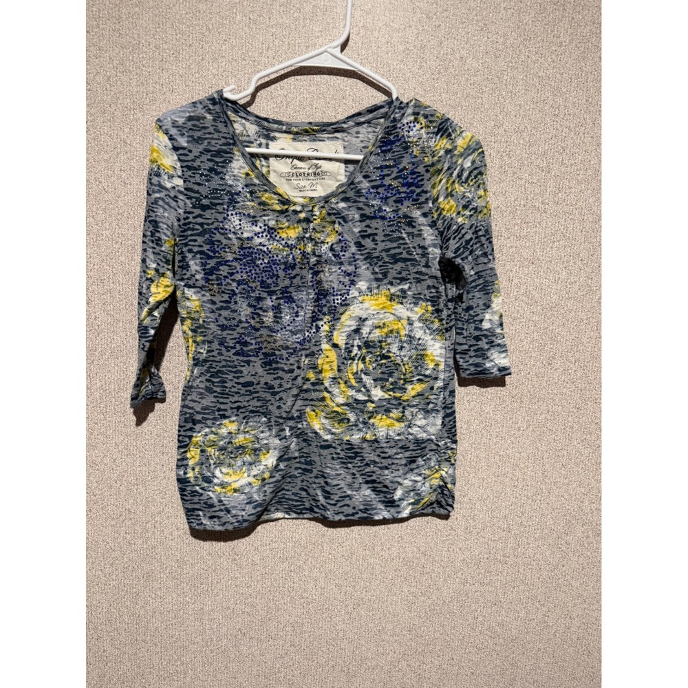 Onque Casual Floral Rhinestone 3/4 Sleeve‎ Top Grey Yellow Womens Medium